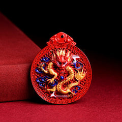 Imperial Red Cinnabar Painted Dragon and Phoenix Pendant