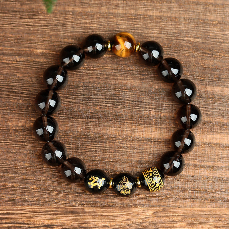 Obsidian Zodiac Guardian Buddha Bracelet with Six-Word Mantra