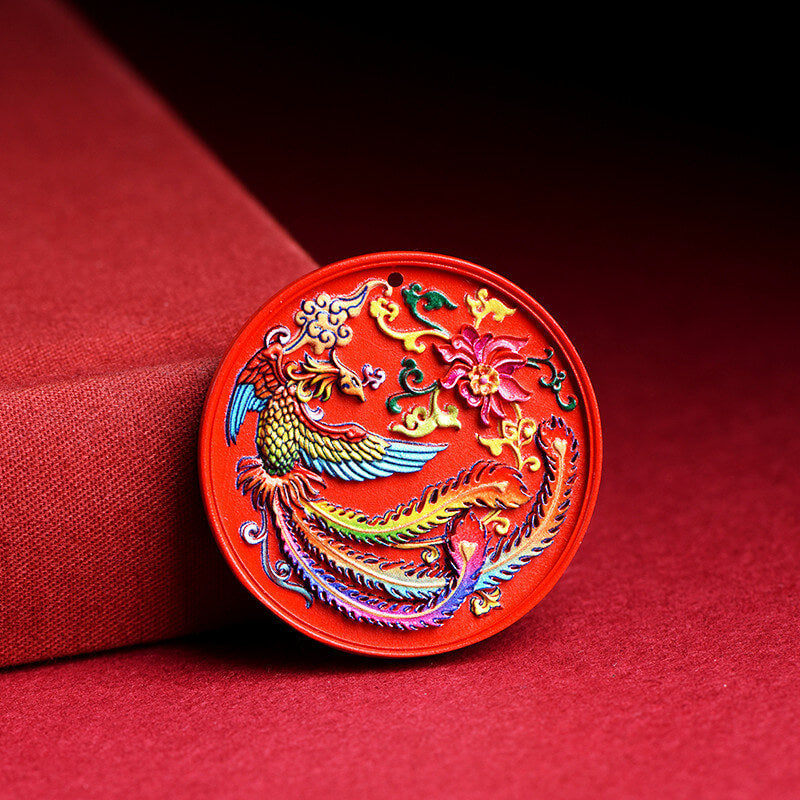 Imperial Red Cinnabar Painted Dragon and Phoenix Pendant