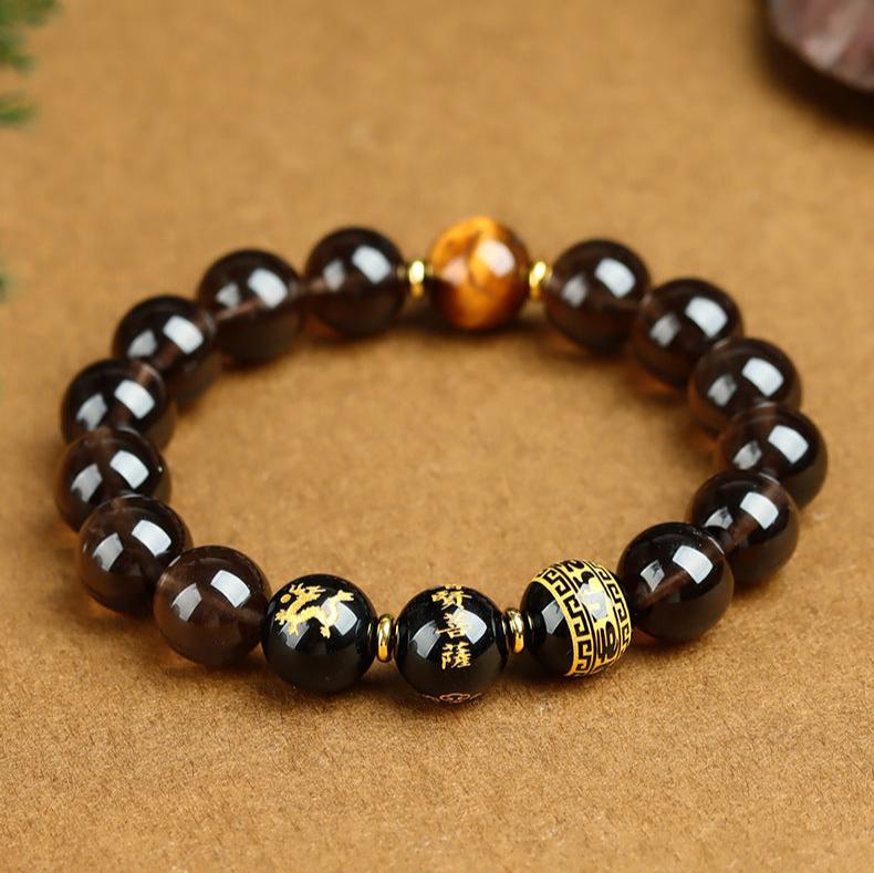 Obsidian Zodiac Guardian Buddha Bracelet with Six-Word Mantra