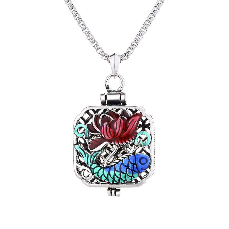 Enamel Cloisonné Lotus & Koi Gau Box Pendant Necklace