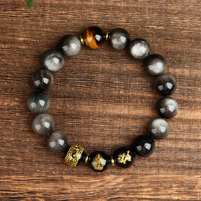 Gold Obsidian / Silver Obsidian Zodiac Bracelet with Mantra and Guardian Buddha