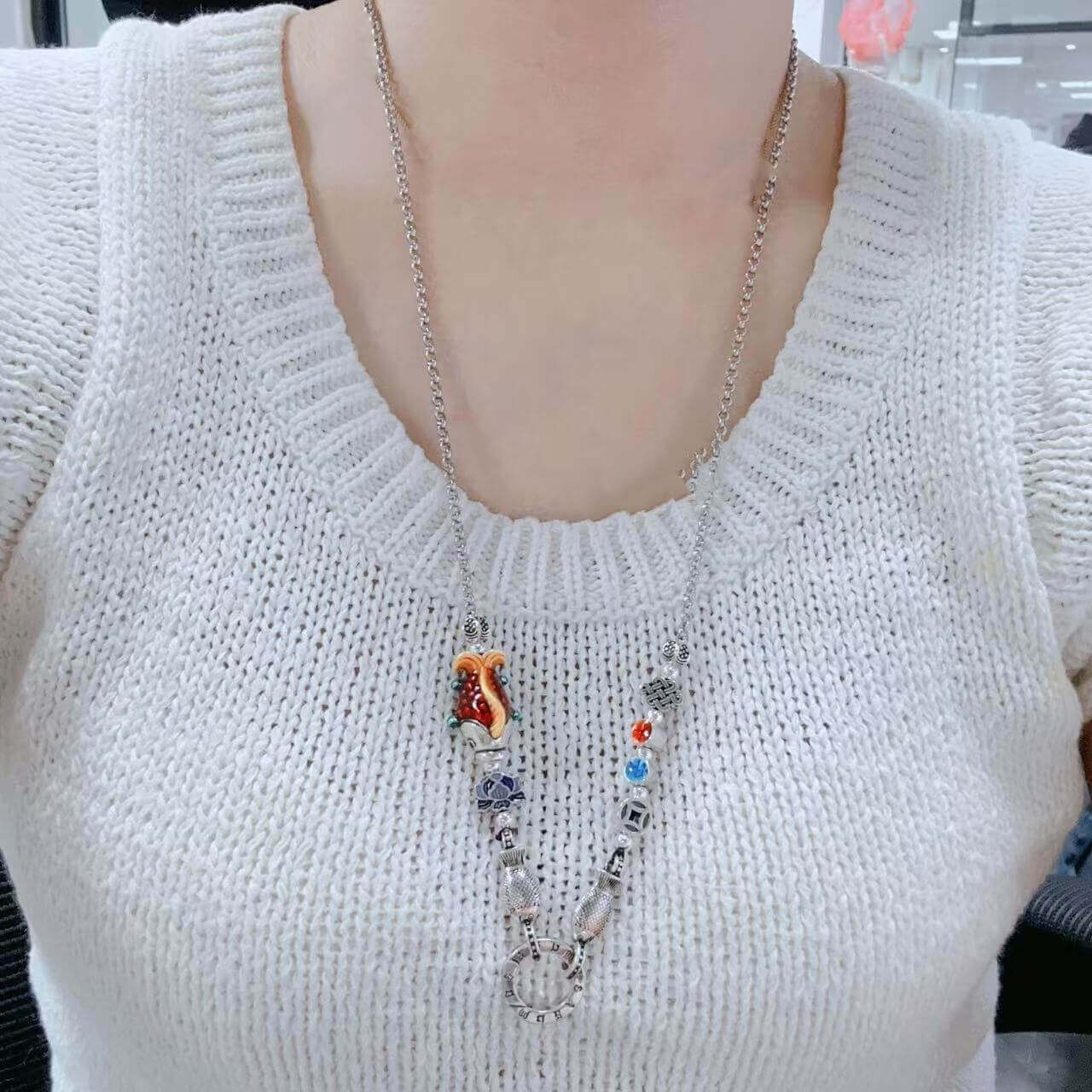 Cloisonné Enamel Koi Lotus Sweater Necklace