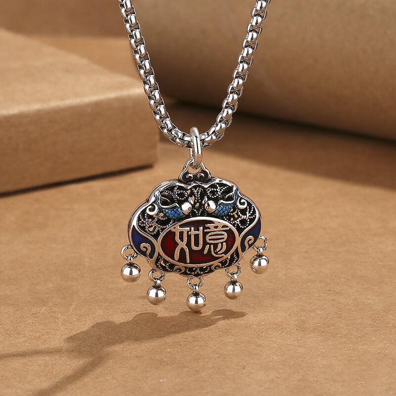 Enamel Longevity Lock Necklace with Ruyi Design