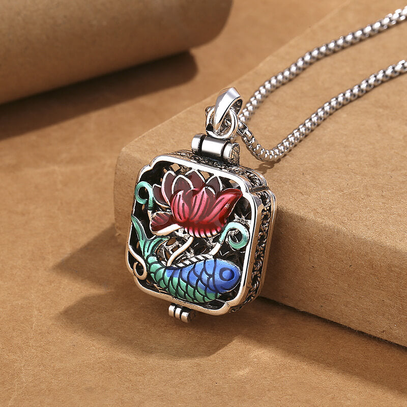 Enamel Cloisonné Lotus & Koi Gau Box Pendant Necklace