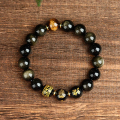 Gold Obsidian / Silver Obsidian Zodiac Bracelet with Mantra and Guardian Buddha