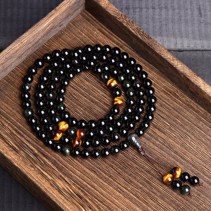 Obsidian 108 Mala Bead Wrap Bracelet