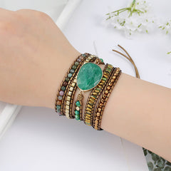 Dazzling Handmade Leather Wrap Green Agate Bracelet