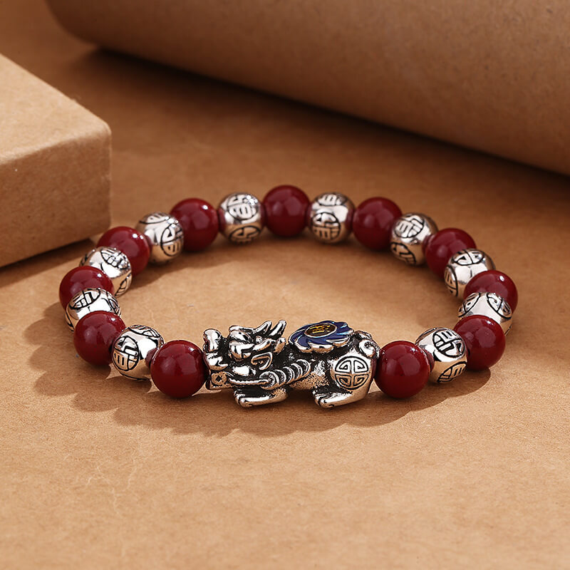 Cloisonné Pixiu Bracelet with Red Agate - Wealth and Prosperity Charm