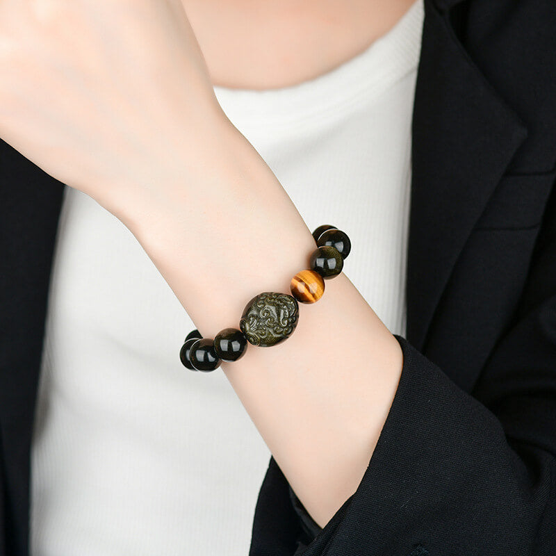 Obsidian Pixiu Bracelet with Rainbow Eyes