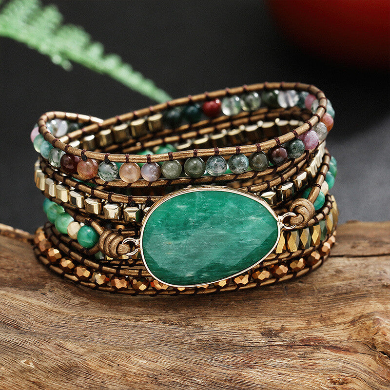 Dazzling Handmade Leather Wrap Green Agate Bracelet