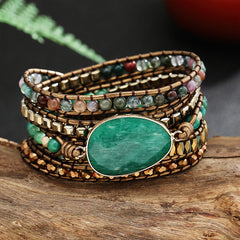 Dazzling Handmade Leather Wrap Green Agate Bracelet