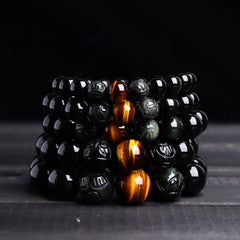 Wealth & Protection Obsidian Pixiu Bracelet with Tiger Eye Stones