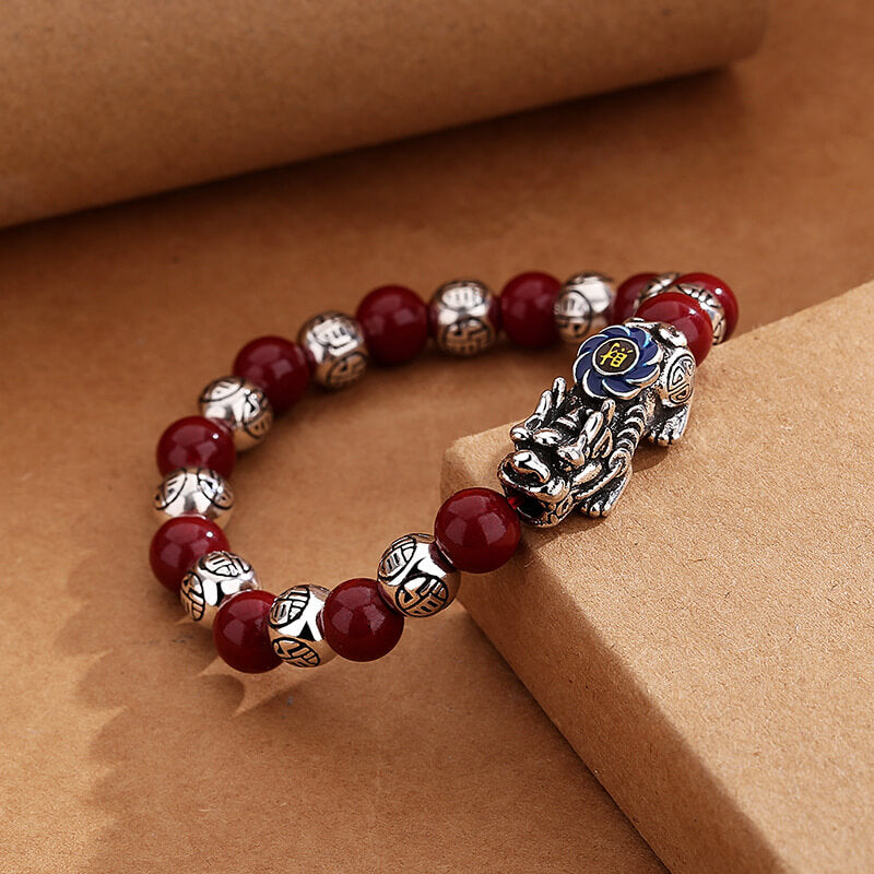 Cloisonné Pixiu Bracelet with Red Agate - Wealth and Prosperity Charm