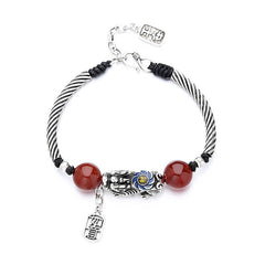 Handmade Agate and Enamel Pixiu Bracelet for Wealth and Prosperity