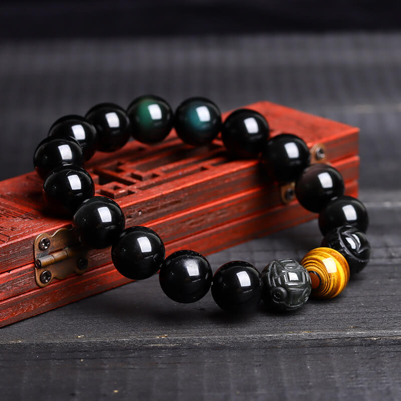 Wealth & Protection Obsidian Pixiu Bracelet with Tiger Eye Stones