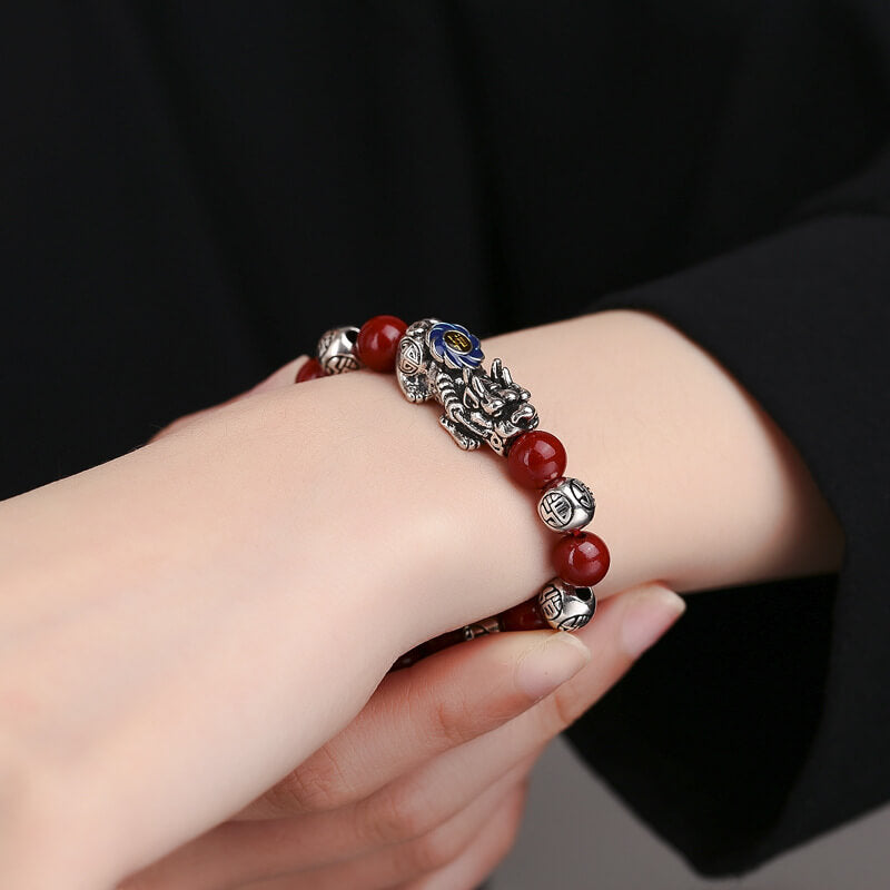 Cloisonné Pixiu Bracelet with Red Agate - Wealth and Prosperity Charm