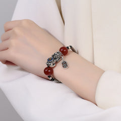 Handmade Agate and Enamel Pixiu Bracelet for Wealth and Prosperity