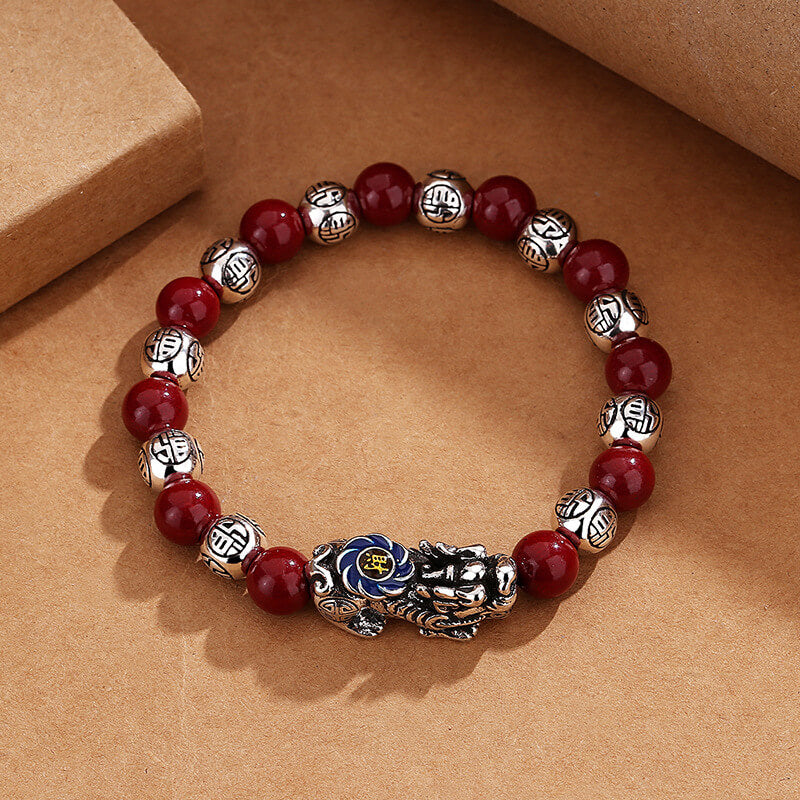 Cloisonné Pixiu Bracelet with Red Agate - Wealth and Prosperity Charm