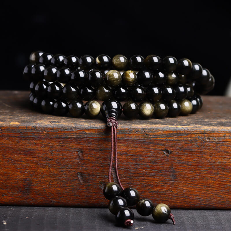 Obsidian 108 Mala Bead Wrap Bracelet