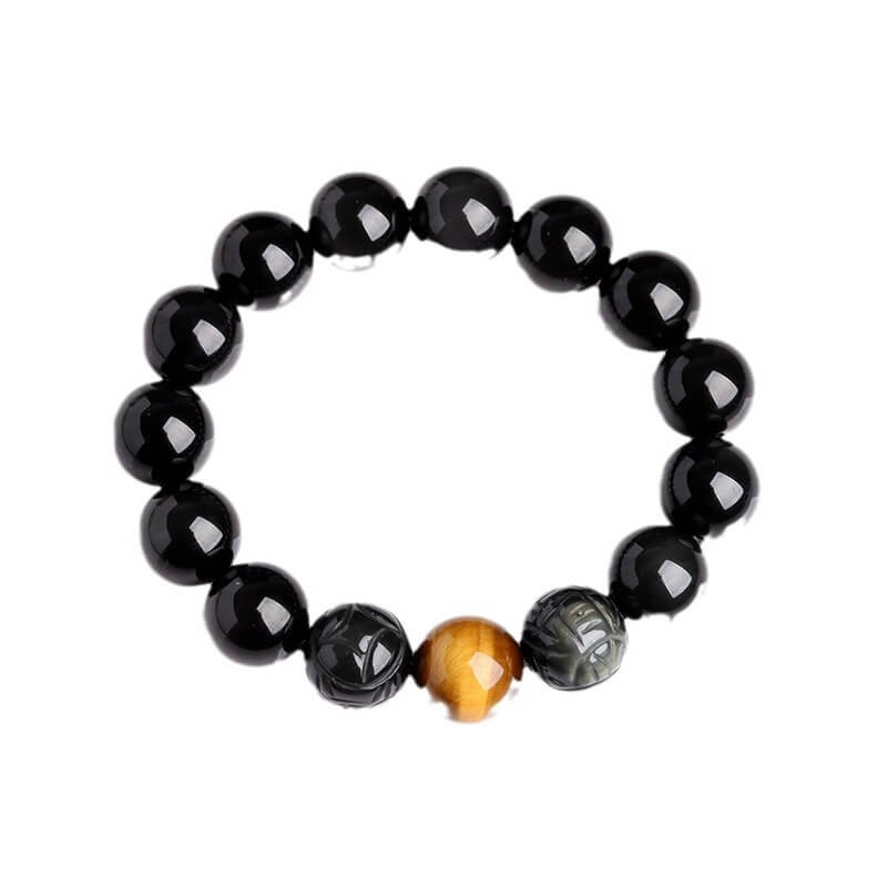 Wealth & Protection Obsidian Pixiu Bracelet with Tiger Eye Stones