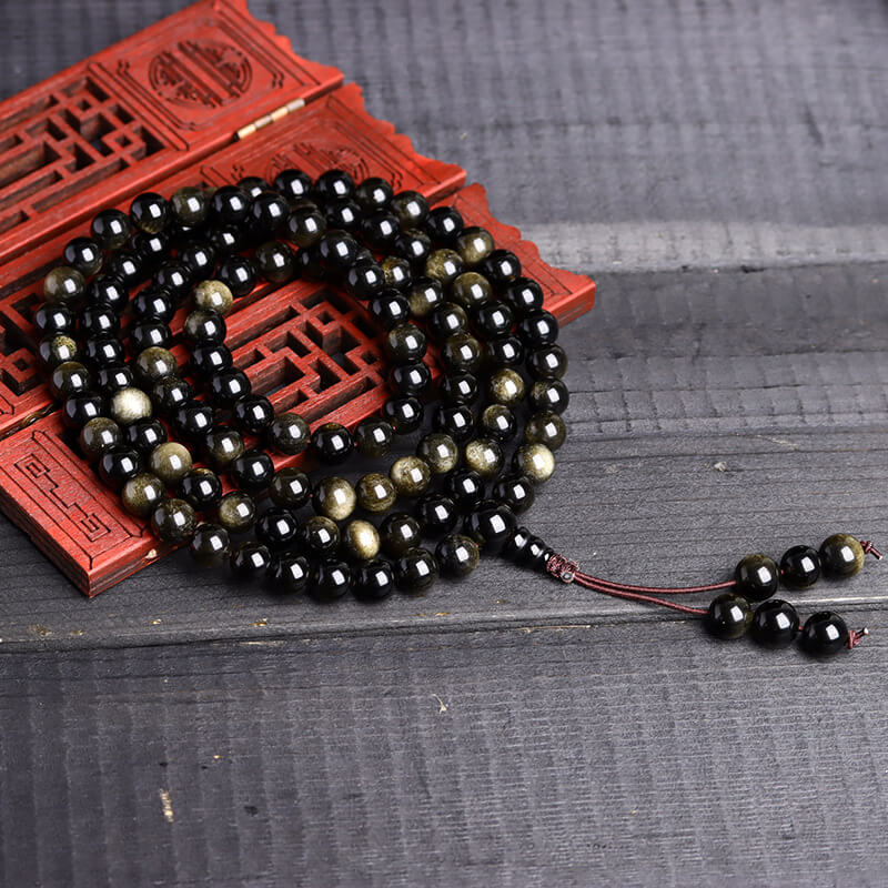 Obsidian 108 Mala Bead Wrap Bracelet