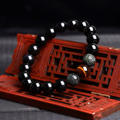 Wealth & Protection Obsidian Pixiu Bracelet with Tiger Eye Stones