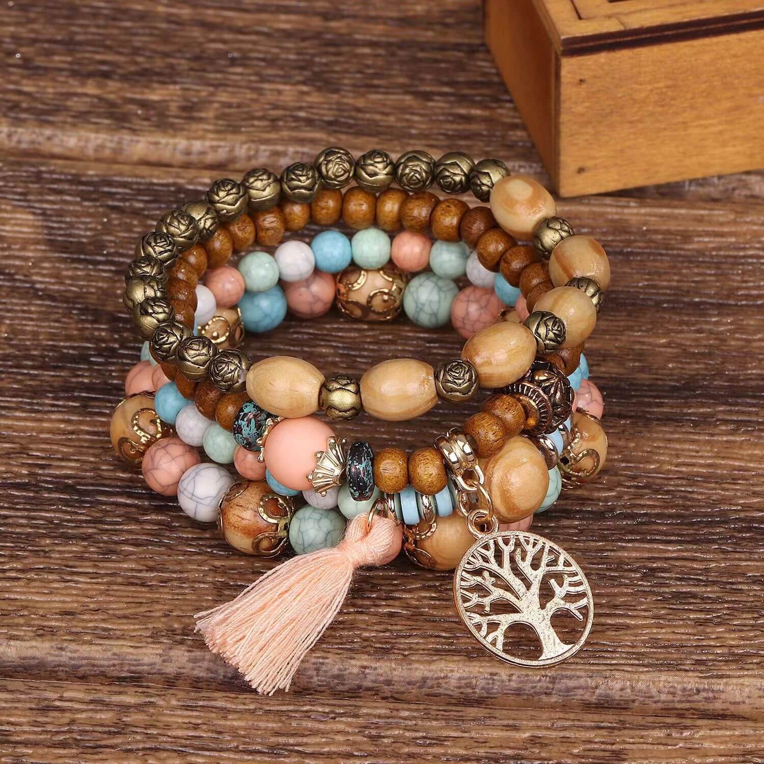 Natural Tree of Life Wood Bead Bracelet