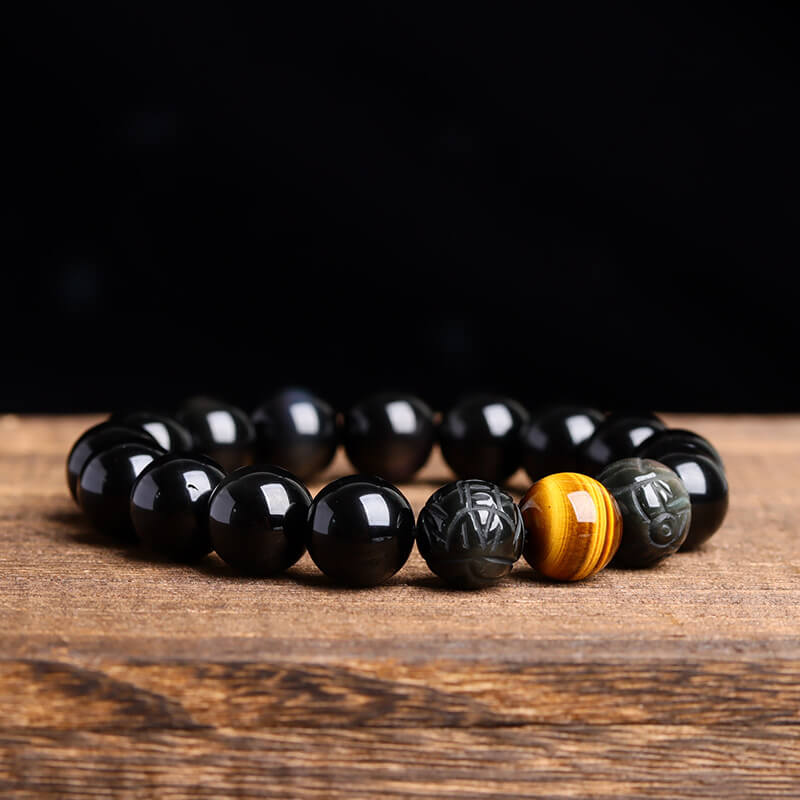 Wealth & Protection Obsidian Pixiu Bracelet with Tiger Eye Stones