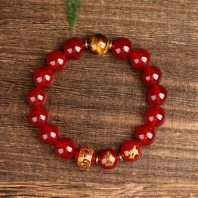 Red Agate Zodiac Bracelet with Mantra and Guardian Buddha